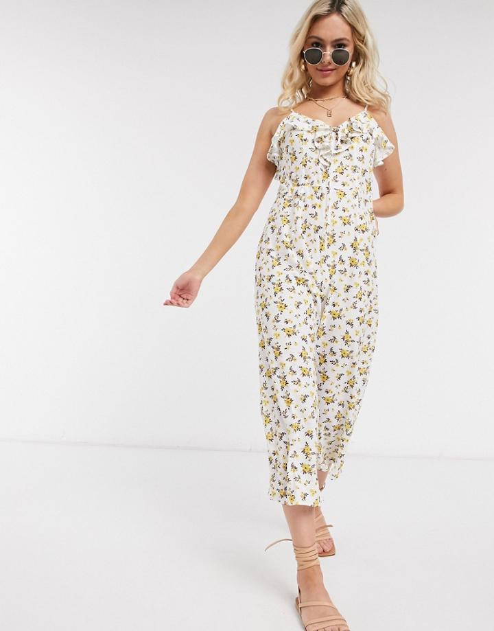 Asos Design Cami Tie Front Jumpsuit In Yellow Floral Print-multi