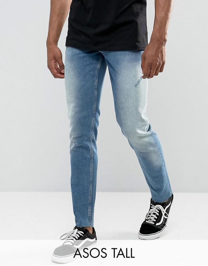 Asos Tall Slim Jeans In Vintage Mid Wash With Abrasions - Blue