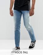 Asos Tall Slim Jeans In Vintage Mid Wash With Abrasions - Blue
