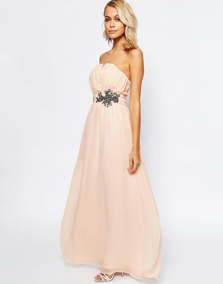 Little Mistress Floral Maxi Dress With Embellished Bandeau - Nude
