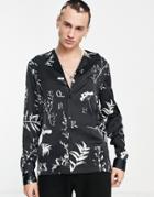 Asos Design Deep Revere Satin Shirt In Black & White Floral