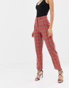 Prettylittlething Peg Leg Pants In Red Check - Red