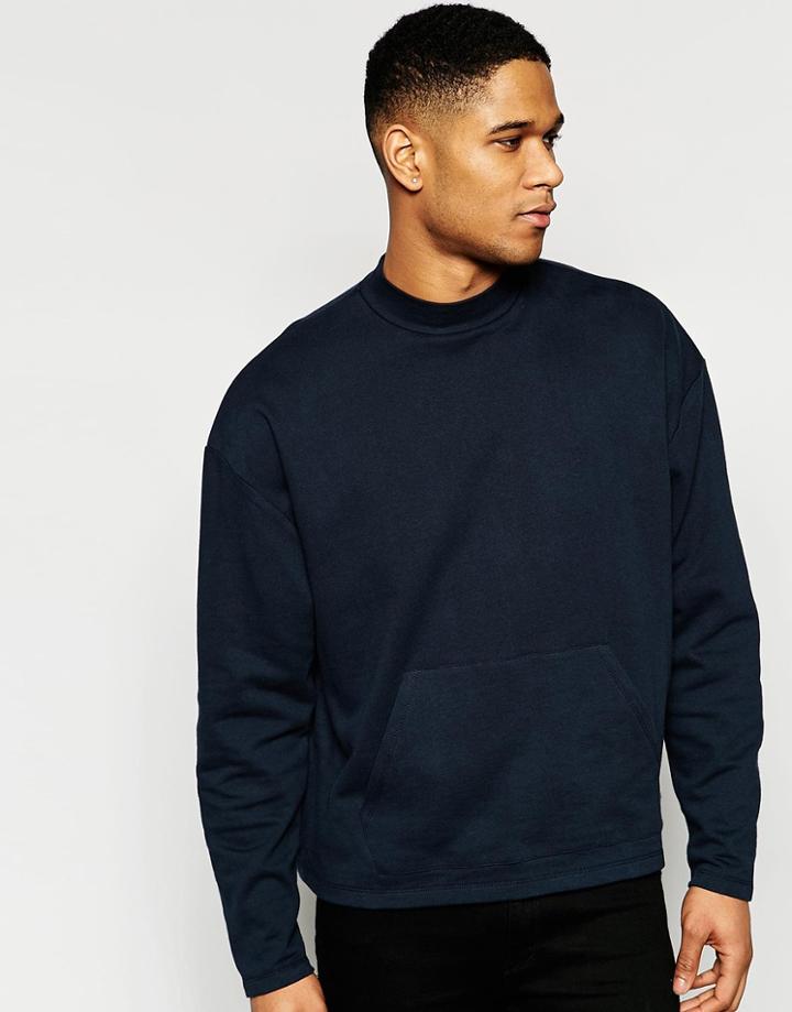 Asos Oversized Sweatshirt With Turtleneck In Navy - Navy