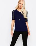 See U Soon Short Sleeve Sweater With Grid Sleeves - Navy