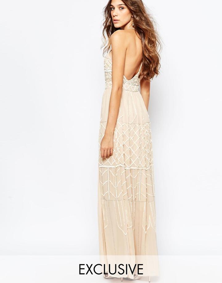 Frock And Frill Embellished Plunge Neck Maxi Dress With Open Back - Nude