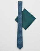 Asos Design Slim Tie In Geo Print And Pocket Square In Green - Green