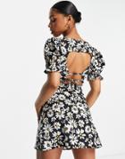 Influence Mini Dress With Cutout Back In Daisy Print-black