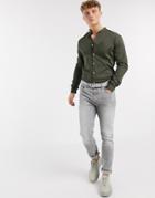 Asos Design Stretch Skinny Fit Shirt In Khaki With Grandad Collar-green