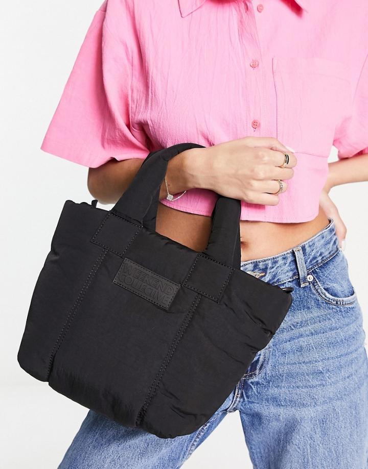 Asos Weekend Collective Mini Padded Nylon Tote With Crossbody Strap In Black