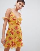 Missguided Cold Shoulder Floral & Polka Dot Dress - Yellow