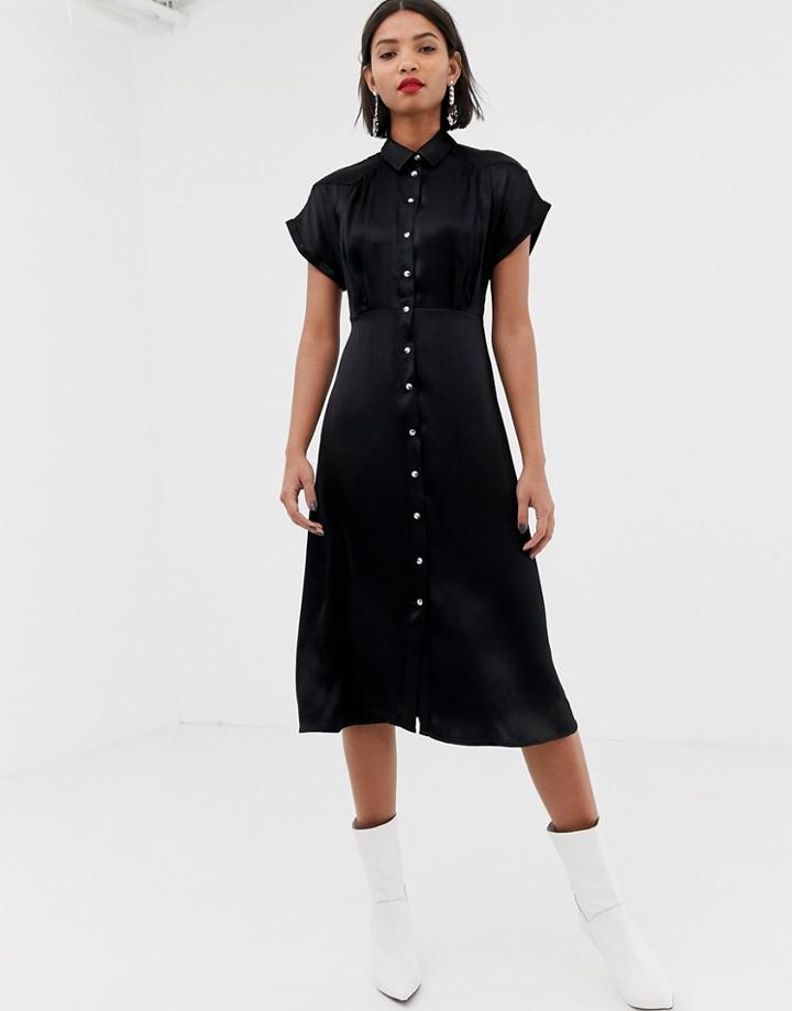 Mango Midi Button Front Dress In Black - Black
