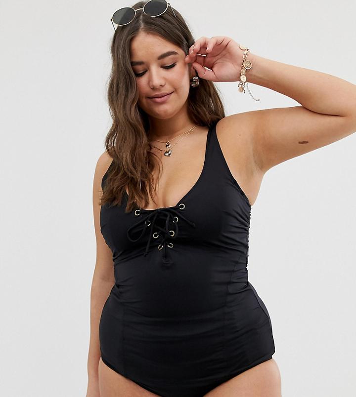 City Chic Curve Underwired Tankini Top In Black - Black