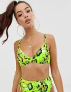 Asos Design Mix And Match Underwired Bikini Top In Neon Snake Print - Green