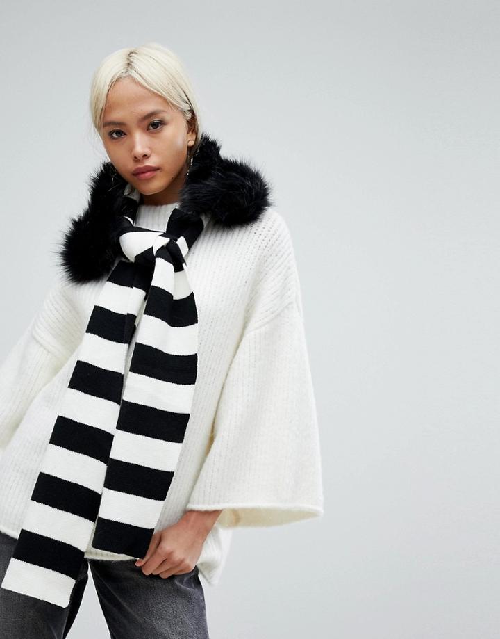 Urbancode Stripe Knitted Scarf With Detachable Faux Fur Collar - Black