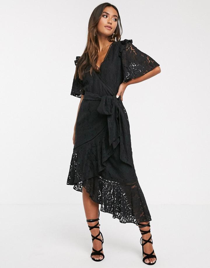 Keepsake Eternal Lace Ruffle Midi Wrap Dress-black