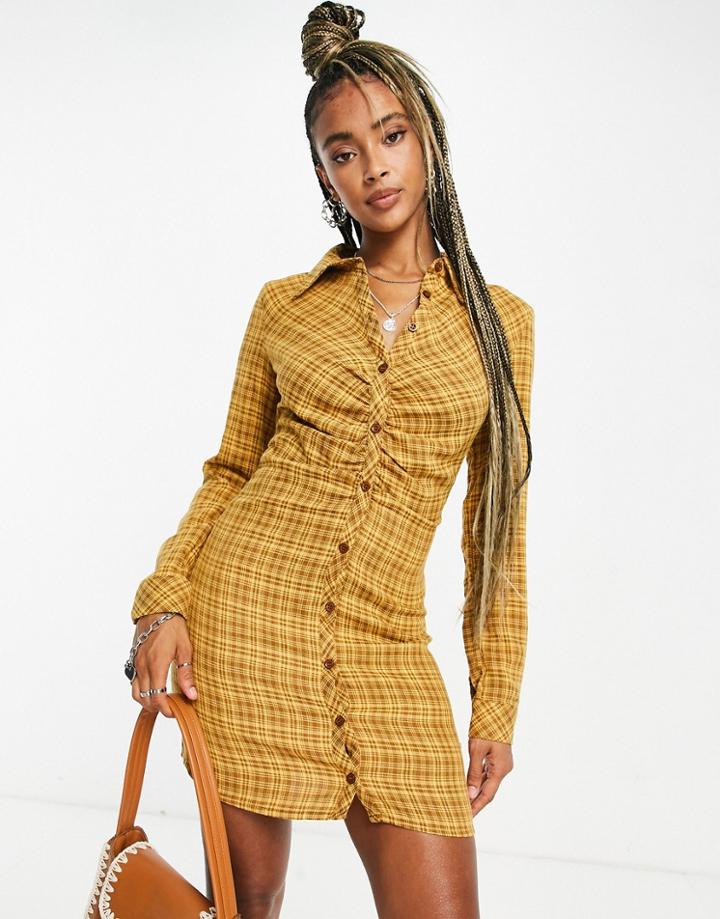 Emory Park Fitted Shirt Dress With Ruching In Grunge Check-yellow