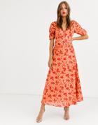 Asos Design Button Through Maxi Tea Dress With Ruched Sleeves In Floral Print - Multi
