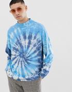 Asos Design Oversized Long Sleeve T-shirt In Blue Spiral Tie Dye Wash - Blue