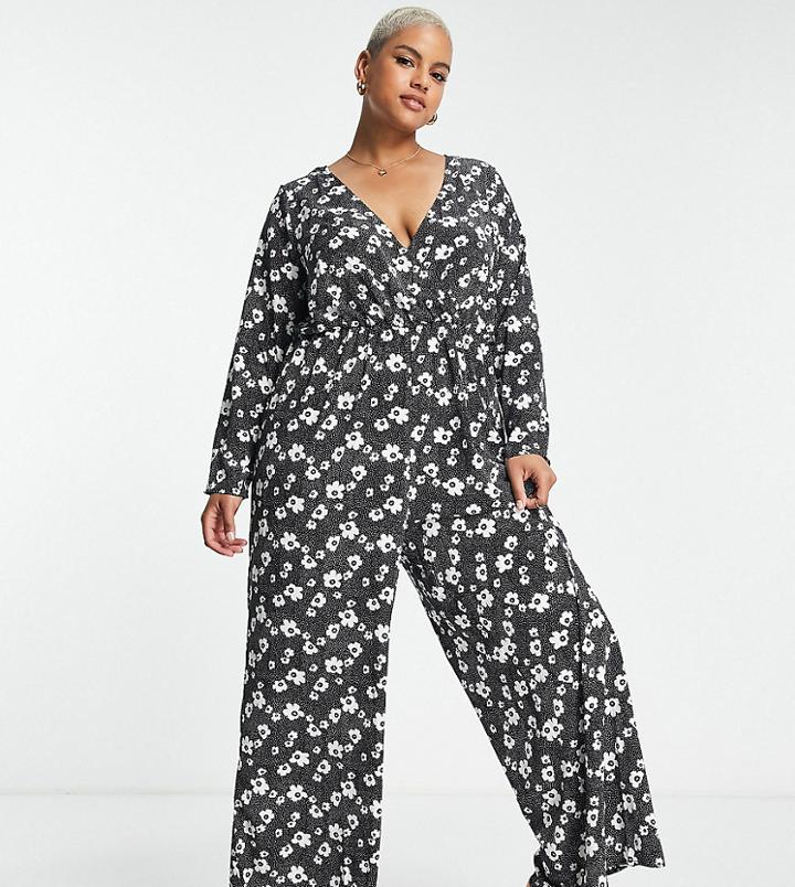 Glamorous Curve Relaxed Wrap Front Jumpsuit In Monochrome Floral-black