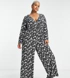 Glamorous Curve Relaxed Wrap Front Jumpsuit In Monochrome Floral-black