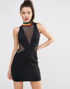 Jaded London Mesh Panel Bodycon Dress With Rainbow Neck Detail - Black