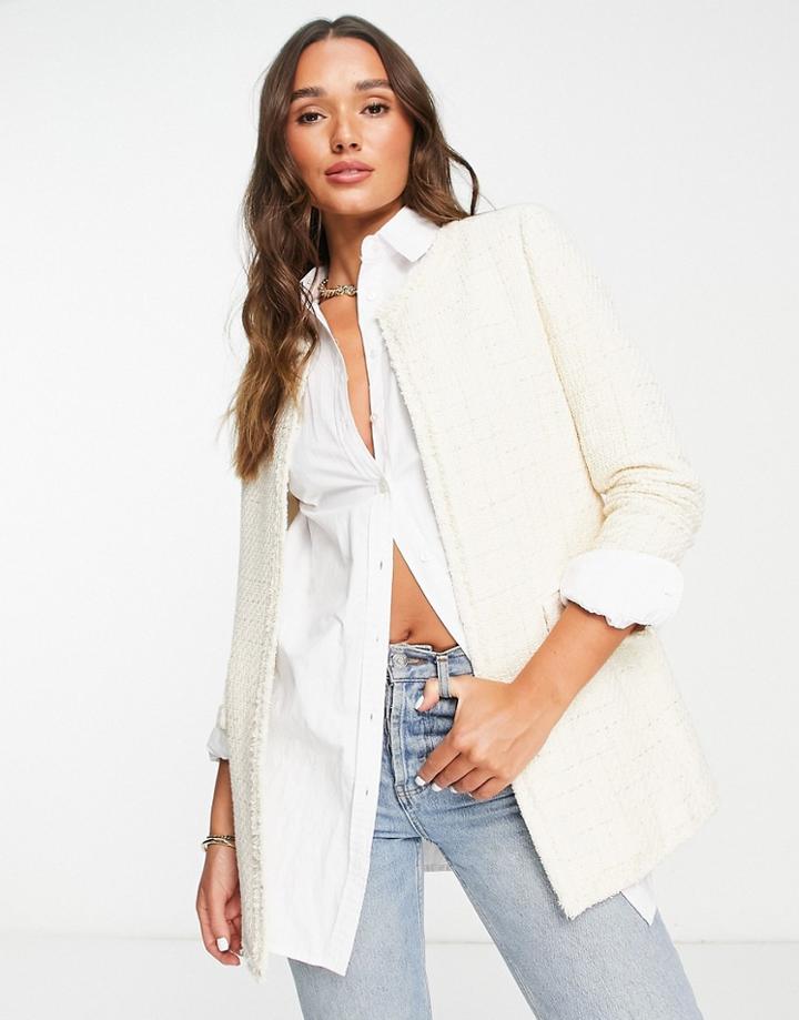 Mango Tweed Long Line Jacket In Cream-white