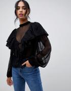 Asos Design Lace And Dobby Mesh Victoriana Blouse With Blouson Sleeve - Black