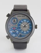 Police Elapid Mens Black Leather Strap Watch With Gray And Blue Mutli Functional Dial - Black