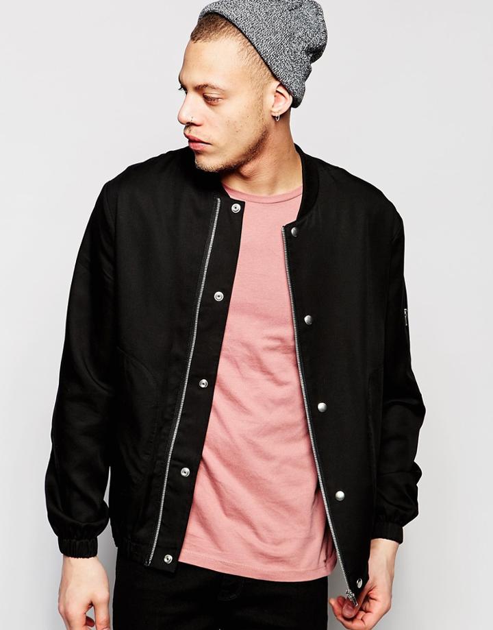 Asos Slim Smart Bomber In Black Tencel Fabric - Black