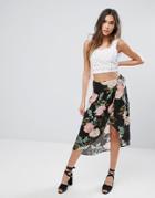 New Look Split Front Floral Print Midi Skirt - Black