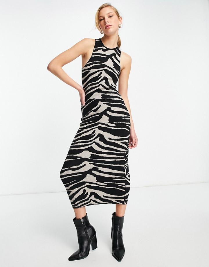 Topshop Knitted Zebra Cut Out Dress In Monochrome-black