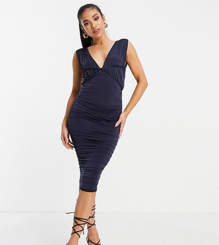 Asos Design Petite Deep Plunge Seamed Ruched Midi Dress In Navy-orange
