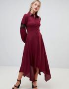 Hope & Ivy Long Sleeve Dip Hem Shirt Dress With Lace Insert-red