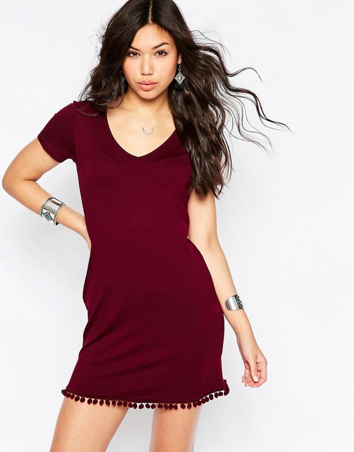 Asos T-shirt Dress With Pom Pom Hem - Oxblood Red