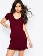 Asos T-shirt Dress With Pom Pom Hem - Oxblood Red