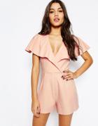 Asos Occasion Ruffle Wrap Playsuit - Nude