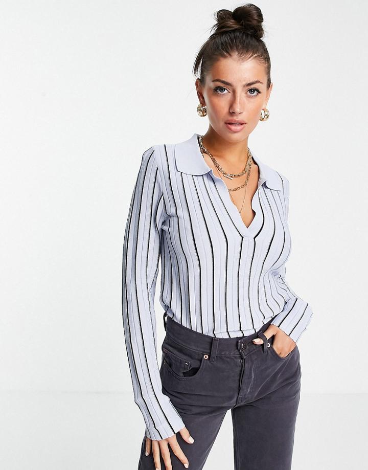 Mango Fine Knit Polo In Blue Stripe-blues