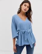 Asos Design Textured 3/4 Sleeve Oversized Top With V Neck And Tie Waist - Blue