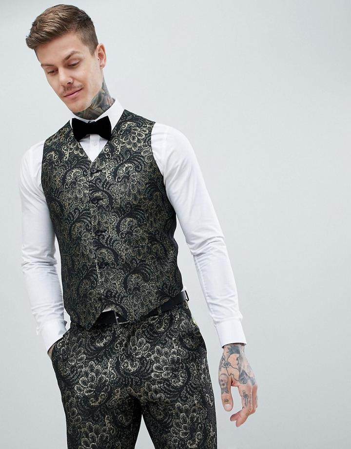Asos Edition Skinny Tuxedo Suit Vest In Green Jacquard - Green