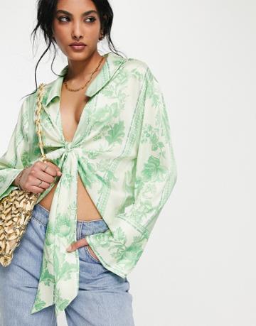 Asos Design Tie Front Shirt With Kimono Sleeve In Green Wallpaper Floral Print-multi