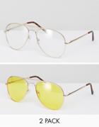 Asos 2 Pack Aviator Sunglasses With Yellow Lens & Clear Lens - Gold