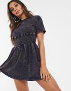 Asos Design Oil Wash Shirred Panel Mini Dress-gray