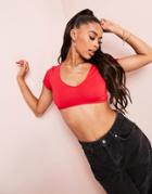 Asos Design Crop Top With Cap Sleeve And Shaped Hem In Cream-red