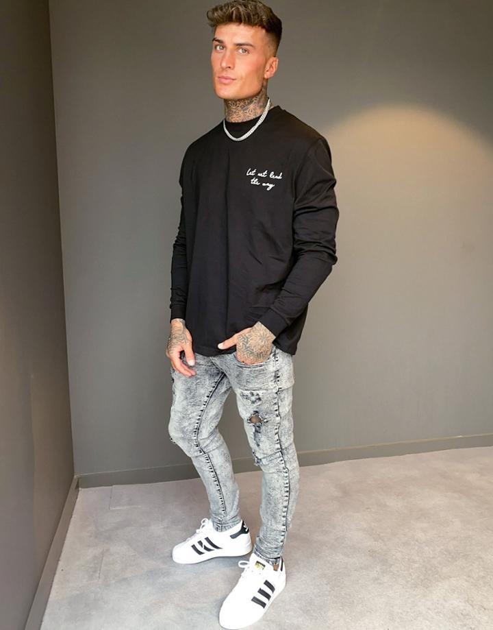 Asos Design Relaxed Long Sleeve T-shirt With Small Text Chest Embroidery-black