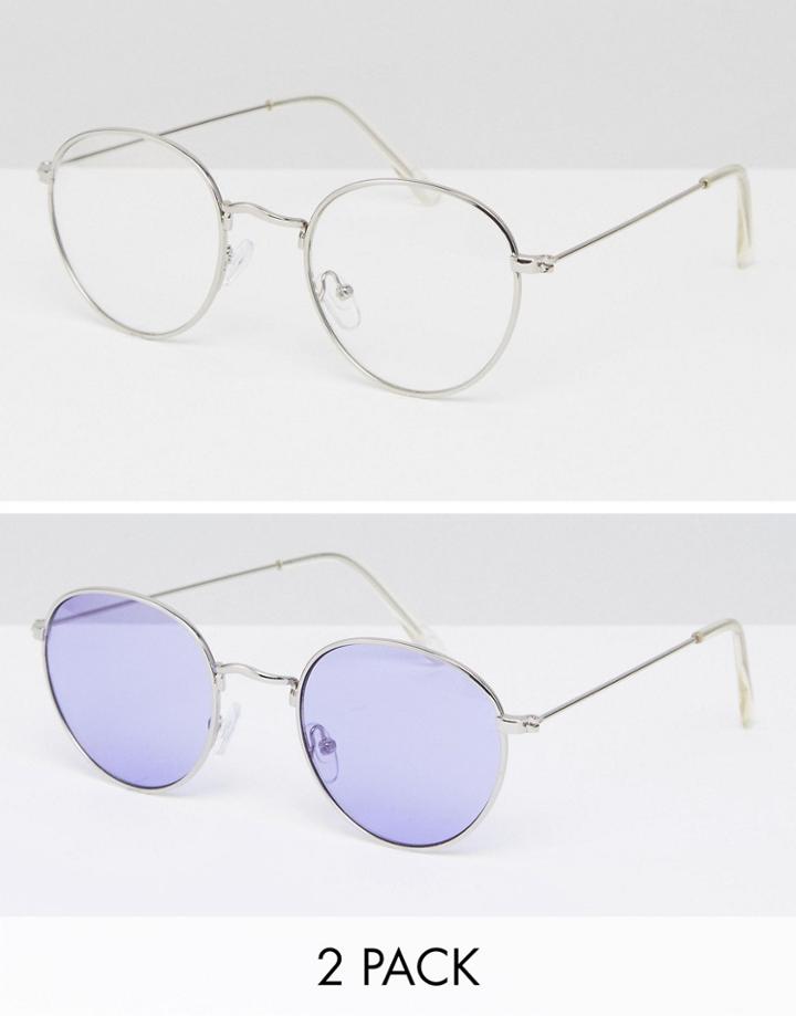 Asos 2 Pack 90s Round Sunglasses With Lilac Lens & Clear Lens - Multi
