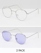 Asos 2 Pack 90s Round Sunglasses With Lilac Lens & Clear Lens - Multi