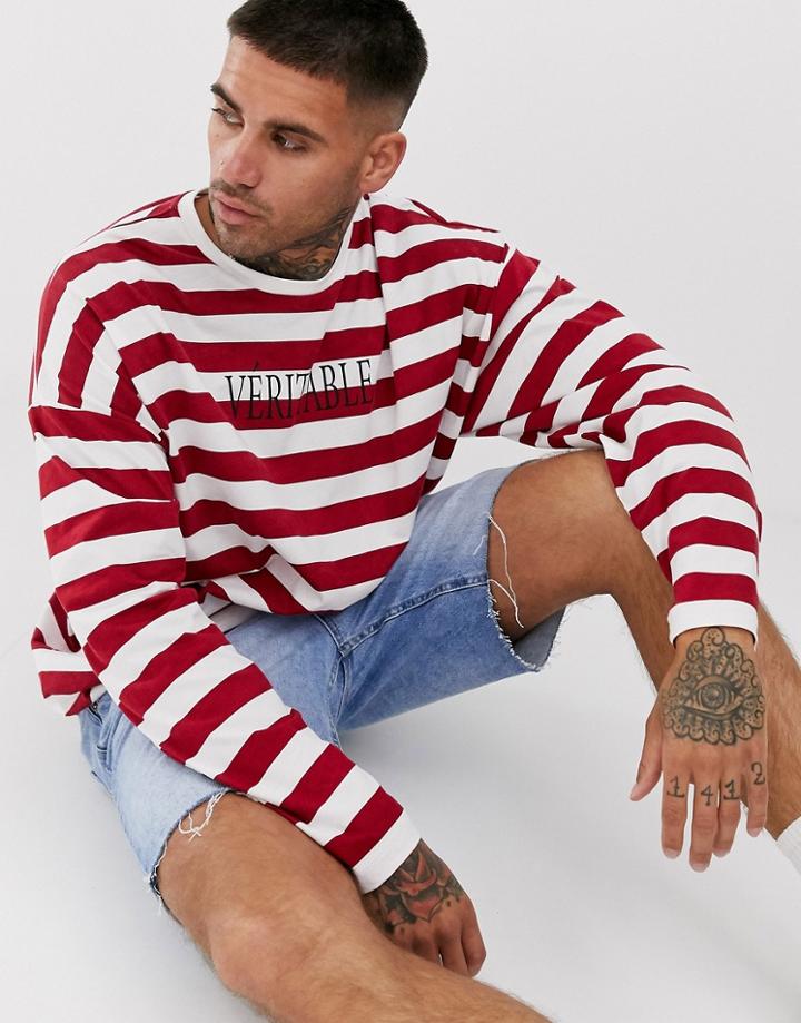 Asos Design Oversized Long Sleeve Striped T-shirt With French Text - Red