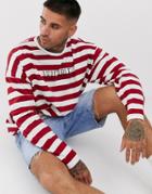 Asos Design Oversized Long Sleeve Striped T-shirt With French Text - Red