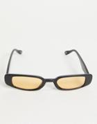 Asos Design 90s Skinny Rectangle Sunglasses In Black With Amber Lens
