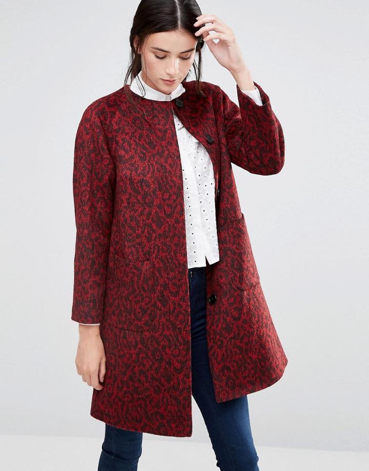 Helene Berman Collarless Swing Coat In Red Animal - Red